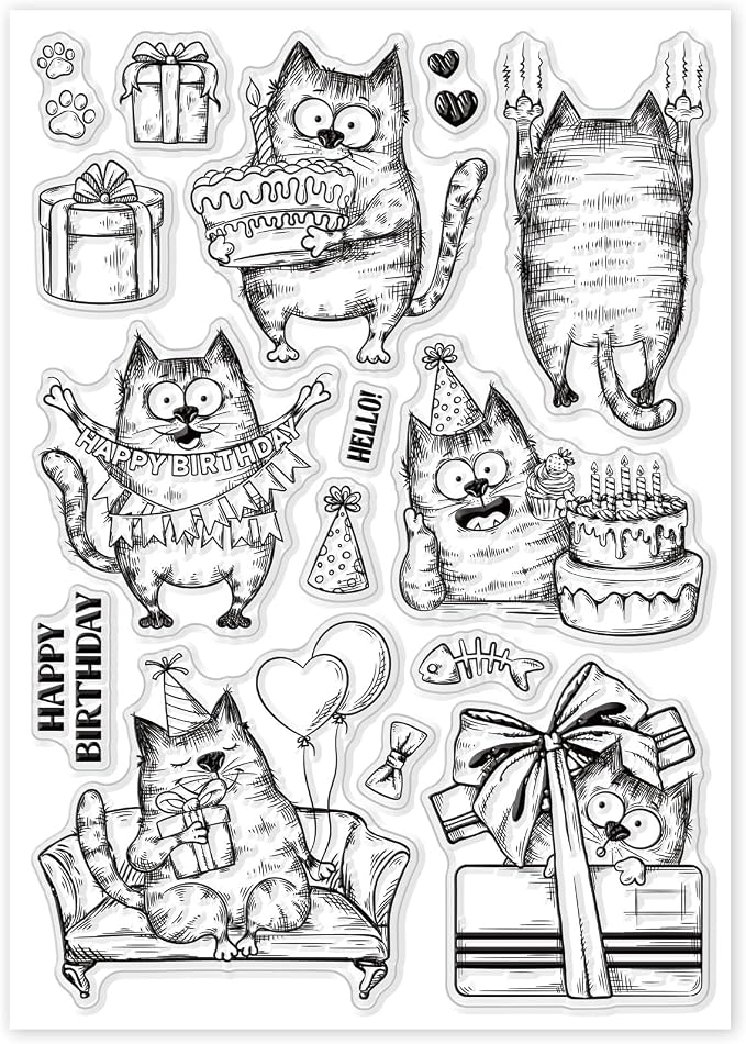 GLOBLELAND 8.3×5.8in Birthday Cats Animal Clear Stamp Sofa Cat Birthday Cake - Image 8