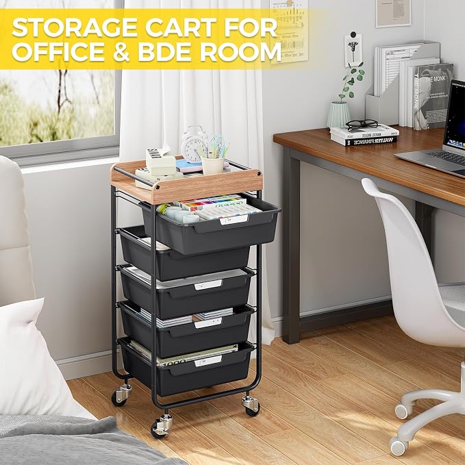 SYKIARIOL Utility Cart with 5 Labeling Drawers and Wooden Tabletop – Rolling - Image 9