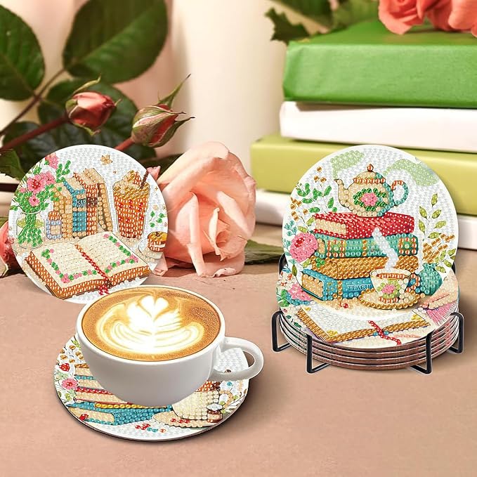 Benjenes 8 PCS Diamond Art Coasters Kits Book Diamond Painting Coaster | - Image 6