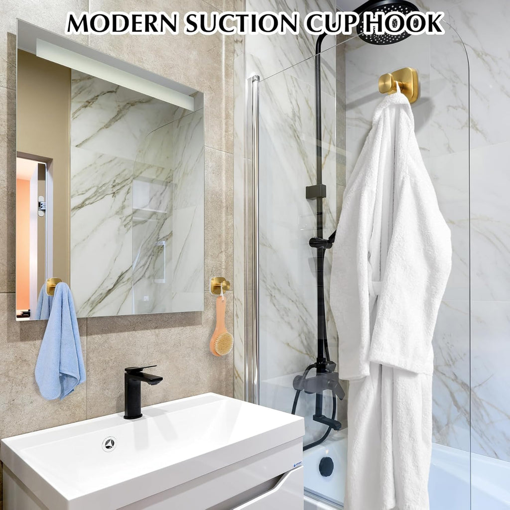Suction Cup Hooks for Shower - Reusable No-Drill Mounting - Hooks for Towels, Robes & Loofah on Metal, Glass, Mirrors, Tile & Smooth Non-Porous Surfaces (4, Brushed Gold)