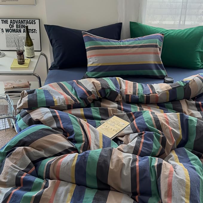 mixinni Vintage Striped Duvet Cover Full 100% Washed Cotton Bedding Set Retro - Image 2