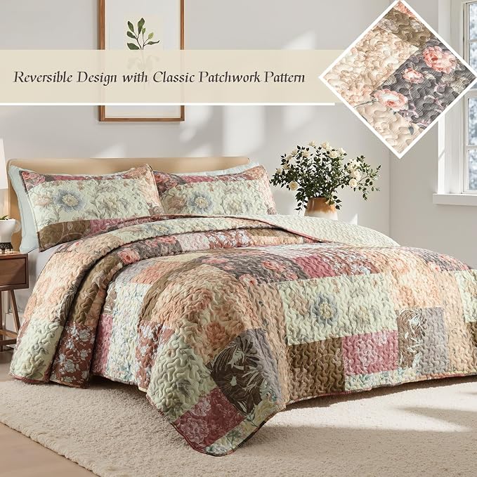 Whale Flotilla Patchwork Quilt King Size, Soft Boho Floral Bedspreads - Image 2
