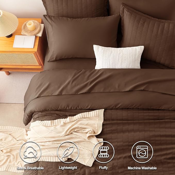 CozyLux Queen Comforter Set Brown Seersucker 7 Pieces Bed in a Bag Queen - Image 2