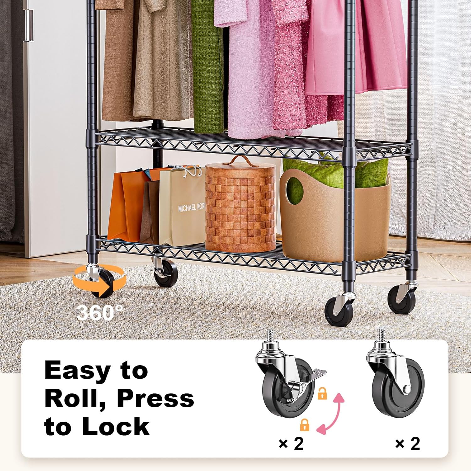 Heavy Duty Rolling Garment Rack 3 Tiers Adjustable Wire Shelving Clothes Rack with 1 Rods and Side Hooks,Storage Closet Clothing Rack with Wheels Black 15.7" D x 45.3" W x 75.6" H