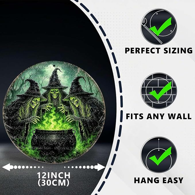 Skeleton Witches Halloween Metal Tin Sign Round Wall Decor Green Magic Potion - Image 2