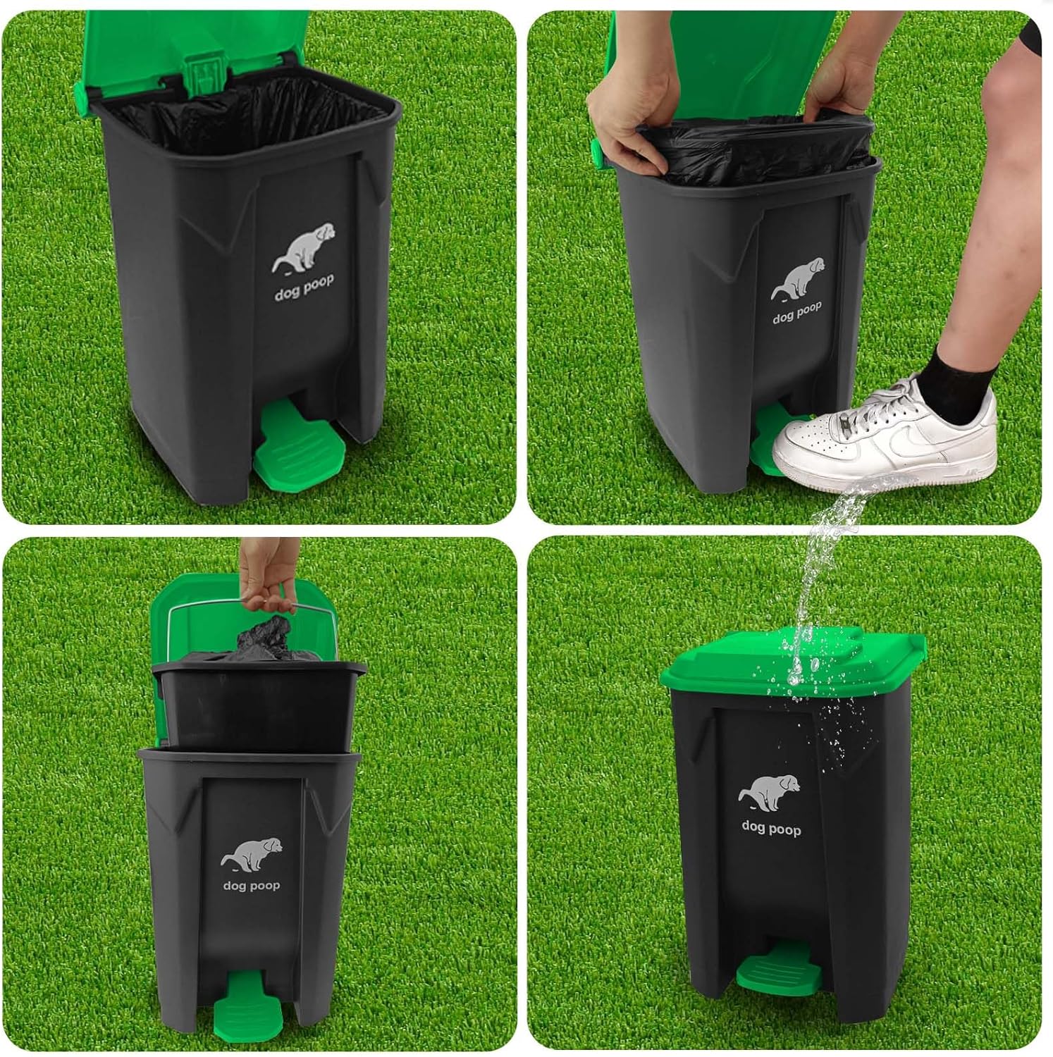 Dog Poop Trash Can Outside, 20L/5Gallon Dog Waste Trash Can with Lid, Pedal and Removable Inner Waste Bin, Pet Poop Bucket with 100 Bags, Green