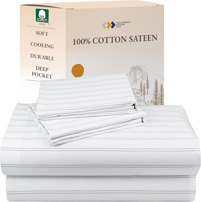 California Design Den Stripe Sheets Queen Size, 100% Cotton Sateen Printed by CaliforniaDesignDen