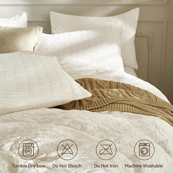 JELLYMONI White Duvet Cover Twin Size, Soft Breathable Seersucker Duvet Cover - Image 4