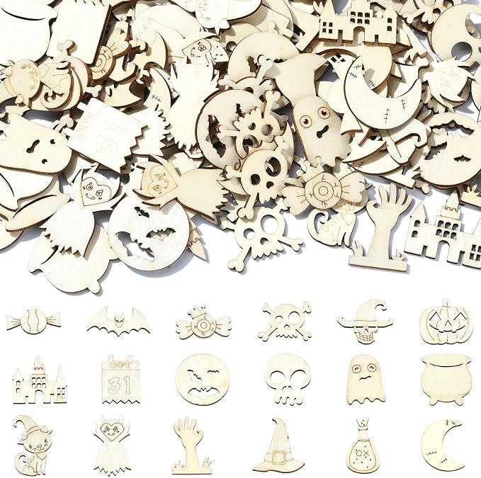 200 Pcs Unfinished Wooden Halloween Cutouts, Wooden Crafts by URURLIFEHALL