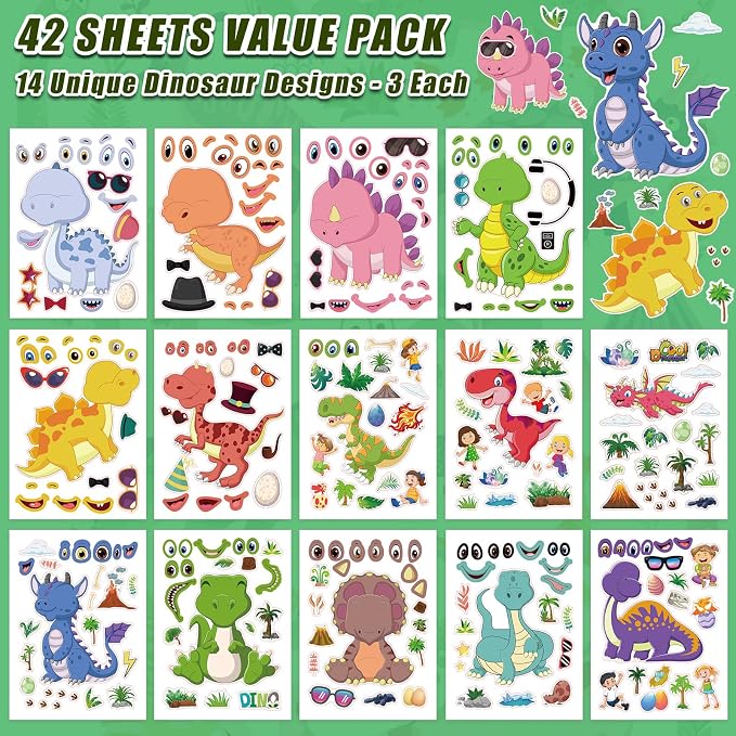 42 Sheets Create Funny Dinosaur Stickers, Make a Face Stickers - Image 3