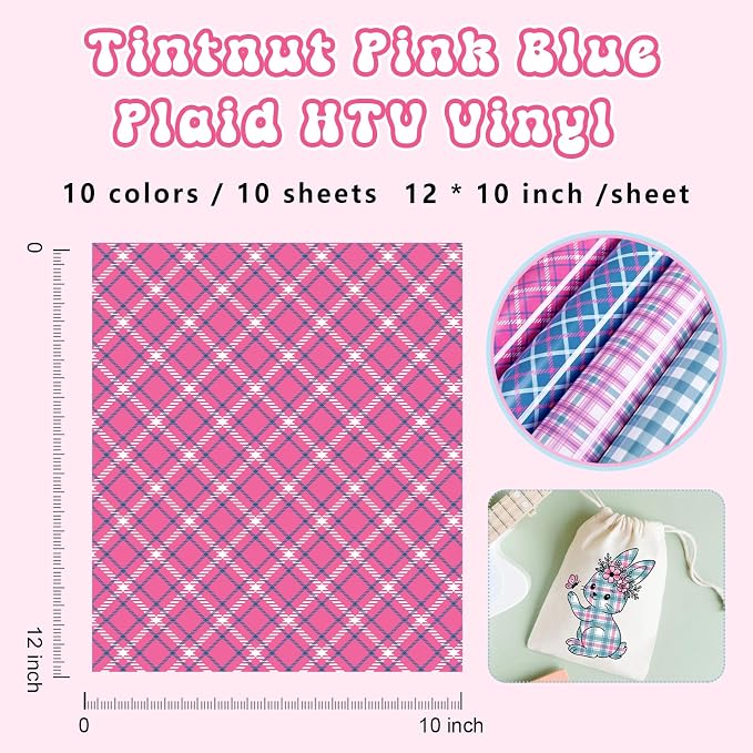 Tintnut Pink Blue Plaid Heat Transfer Vinyl, easy cut & weed, stretch washable - Image 2