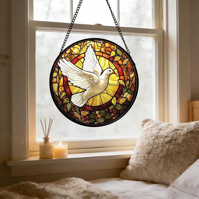 DASTOLL Stained Glass Window Hanging, Flying White Dove Sun Catchers Diamond - Image 6
