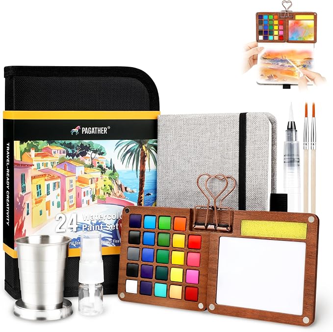 Pagather 24 Colors Mini Watercolor Travel Set, Portable Watercolor Kit by Pagather