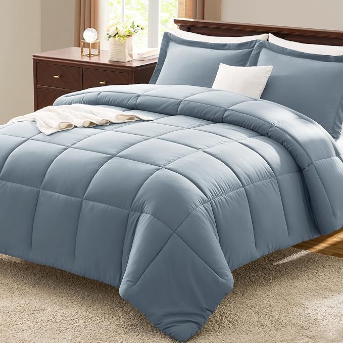 CozyLux Oversized King Comforter Set, 3 Pieces Grayish Blue 120x98 Box Stitched by CozyLux