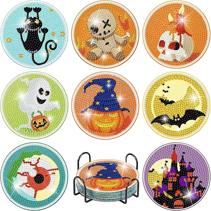 Clendo 8 PCS Halloween Diamond Art Coasters Kits, Cute Diamond Painting Coaster by Clendo