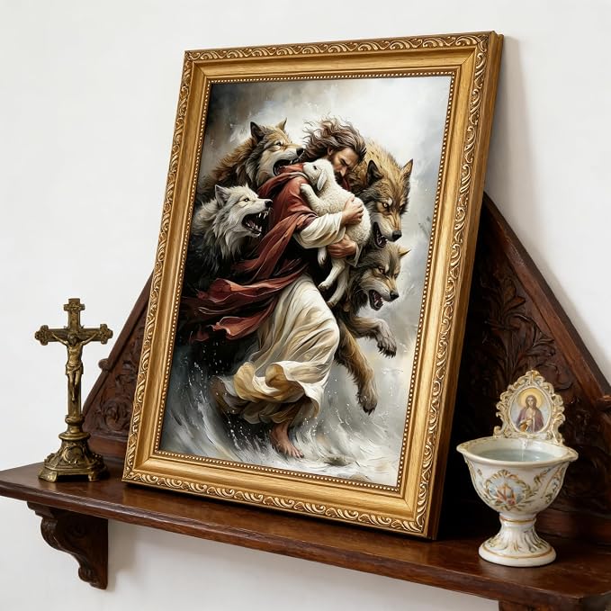 Vintage Gold Framed Jesus and Lamb Wall Art Jesus Saves the Lost Sheep Wall - Image 5