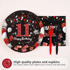 96Pcs Red and Black Party Decorations Happy 11th Birthday Plates and Napkins - Image 2