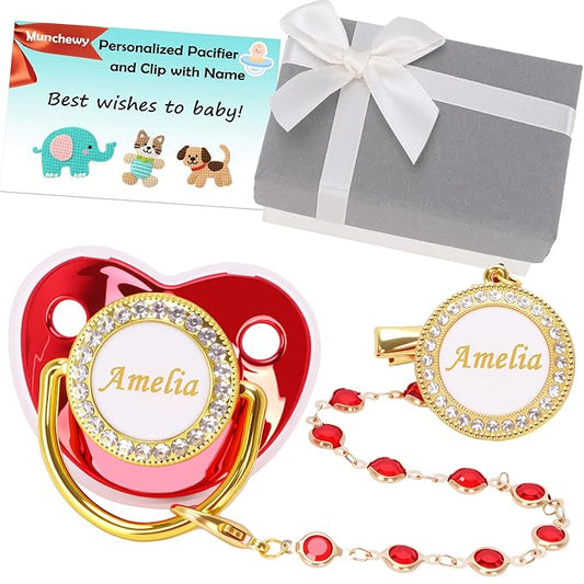 Customized Pacifier with Name, Personalized Pacifier Clip Set with Gift Box, Glitter Crystal Luxury Bling Soother Dummy, Ideal Gift for Girls Baby Shower Newborn Photography(Red)