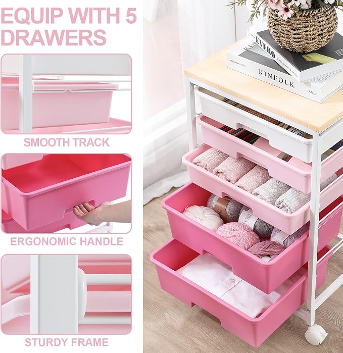SYKIARIOL Utility Cart with 5 Drawers, Storage Drawer Cart with Wooden Tabletop - Image 4