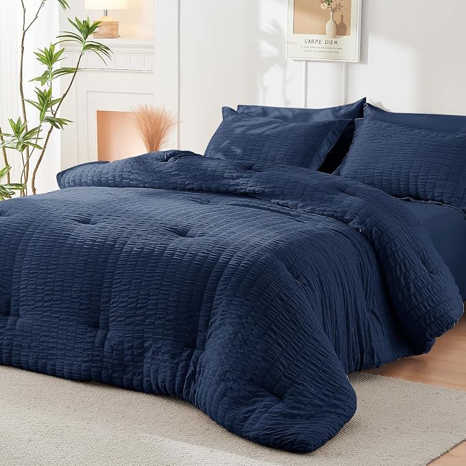 HYMOKEGE Navy Blue Twin Comforter Set Seersucker 5 Pieces, All Season Luxury - Image 8