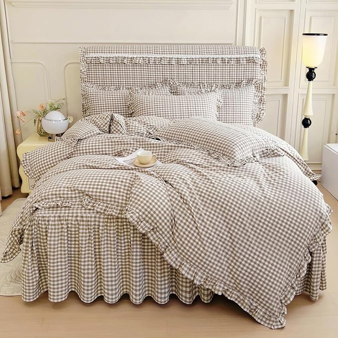 mixinni Tan Gingham Ruffle Duvet Cover Twin XL Size 3 Pieces – 100% Washed by mixinni