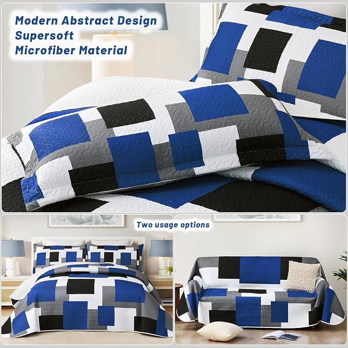 Tyrot 2 Piece Blue White Grey Quilt Set Twin Size Black White Geometric - Image 3