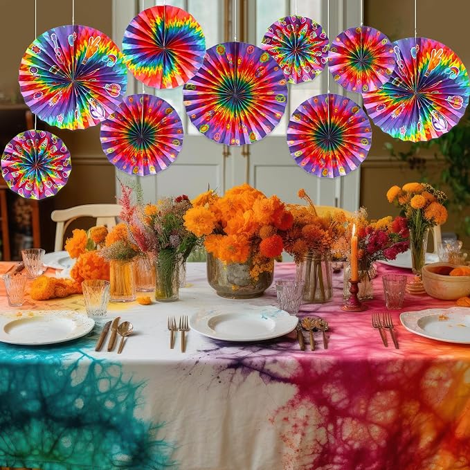 Outus Tie Dye Party Supplies Groovy Hippie Hanging Paper Fans Classroom - Image 7
