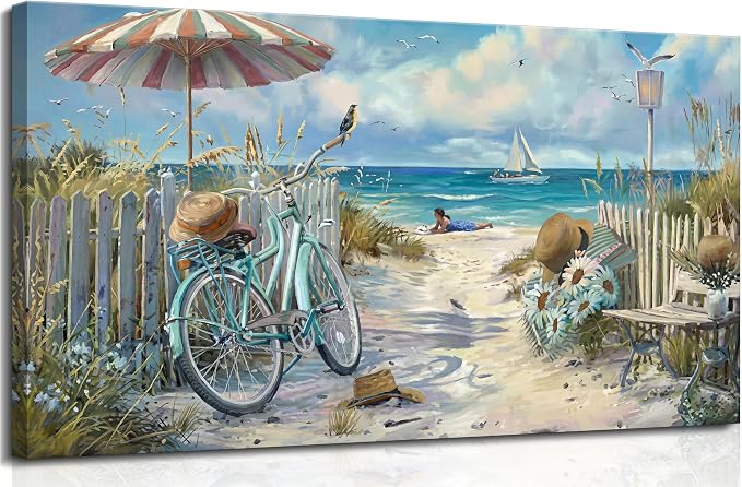 LRTNMTJ Coastal Bicycle Canvas Wall Art Beach Scene Oil Painting Print Summer by LRTNMTJ
