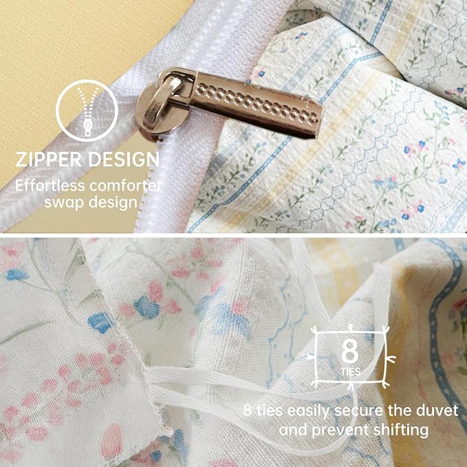 BOLINLIVING Vintage Floral Duvet Cover Queen Size, Reversible Blue Striped - Image 4