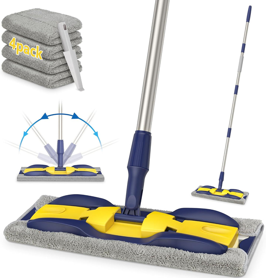 MEXERRIS Microfiber Flat Mop for Hardwood Laminate Tile Floor Cleaning: Stainless Steel Handle - 4 Reusable Flat Mop Refills and 1 Dirt Removal Scrubber Included - Dry Dust Mop Commercial Home Use