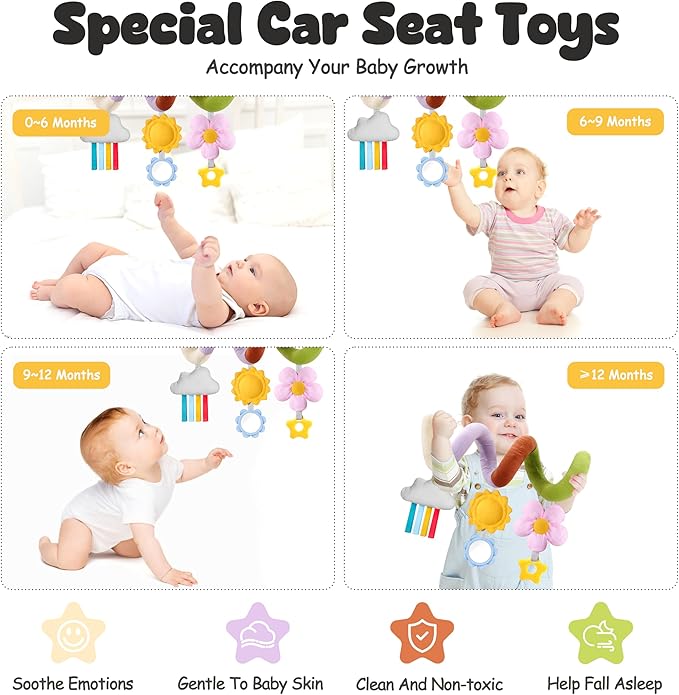 Stuffed Spiral Baby Car Seat Toys, Best Newborn, Soft Infant Essentials Must Have Hanging Toys (Vibrant Nature)