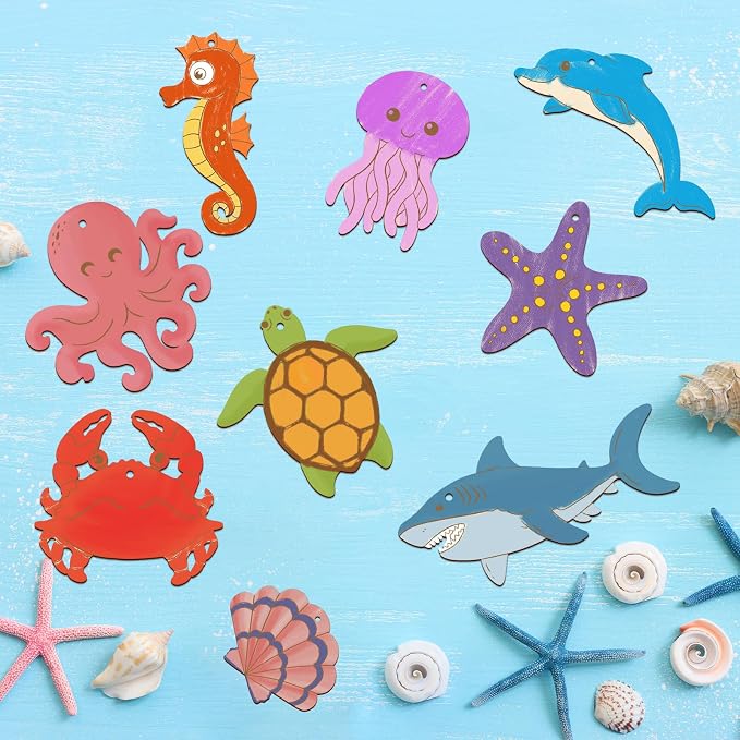 80PCS Wooden Sea Ornaments to Paint, 10 Styles DIY Blank Unfinished Wood Ocean - Image 3