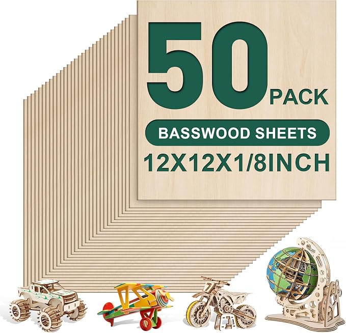 50 Pack Basswood Sheets 1/8x12x12 Inch 3mm Basswood by FUMILE
