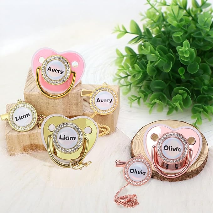 Personalized Pacifier with Name, Custom Pacifier Clip Set with Gift Box, Glitter Crystal Luxurious Bling Soother Dummy Ideal Gift for Baby Boys Girls Birthday Newborn Photography(Gold)