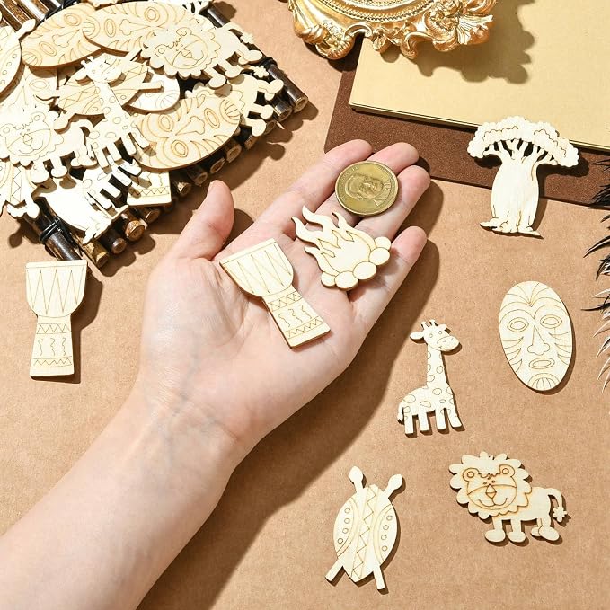 100 pcs Mixed Styles Grassland Animal Theme Unfinished Wooden Cutout Charms - Image 4