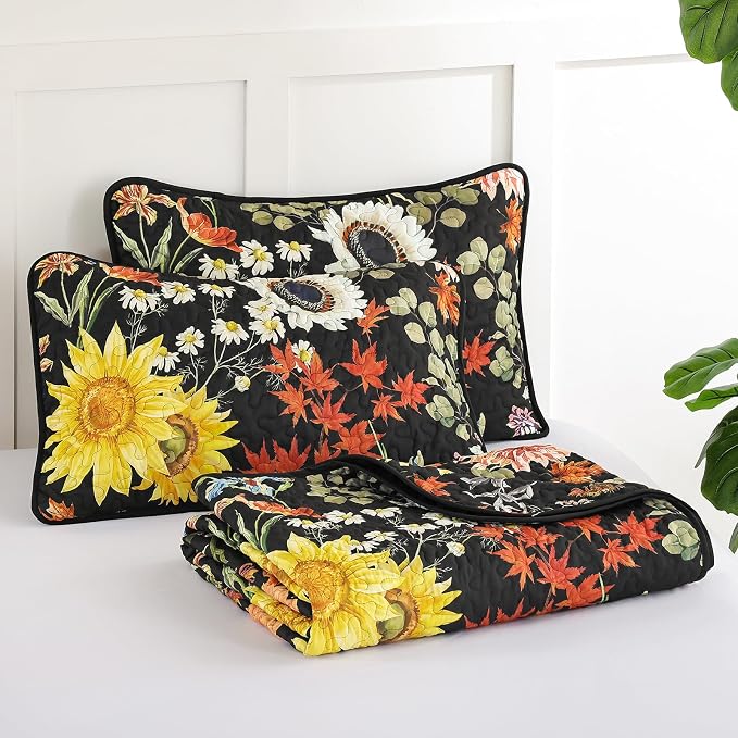 Yiran Black Yellow Full Size Quilt, Floral Bedspreads Bedding Set, 3 Pieces - Image 9