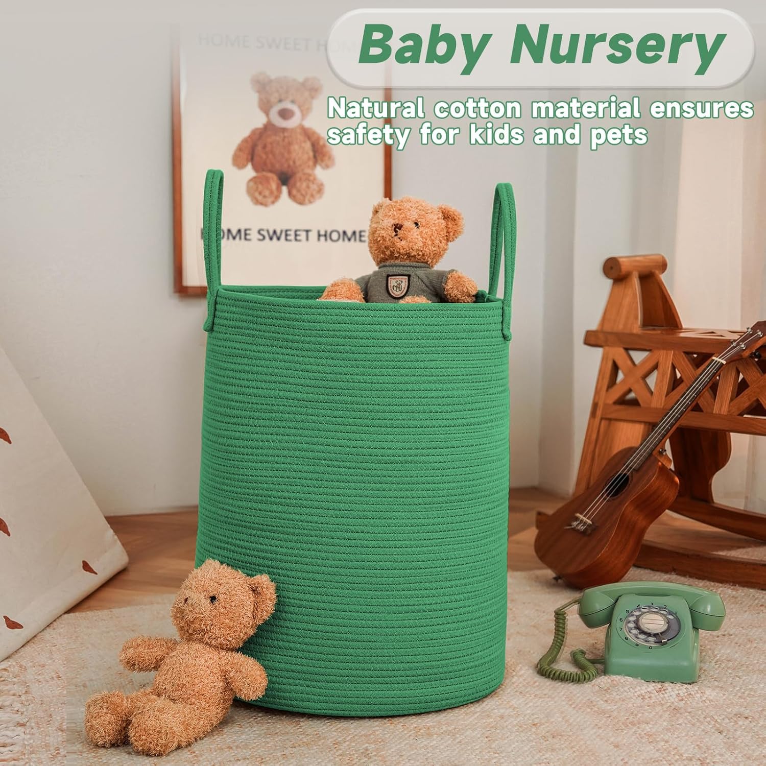 Large Woven Laundry Basket Hamper,100L Cotton Rope Storage Bin for Blankets,Toys and Clothes,Decorative Tall Nursery Hamper for Living Room,Baby Nursery,Bathroom and Bedroom,Dark Green