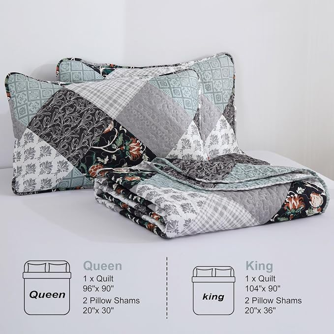 Xruibed Floral Plaid Patchwork Quilt Set King Size 3 Pieces Blue Gray Bedspread - Image 7