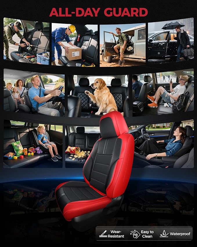 FREESOO Red Black Front Car Seat Covers - Faux Nappa Leather Seat Covers for Cars, with Carbon Fiber Texture Seatbelt Pads, Interior Protectors Universal Fit for Most Vehicles Sedans SUV Trucks Camry