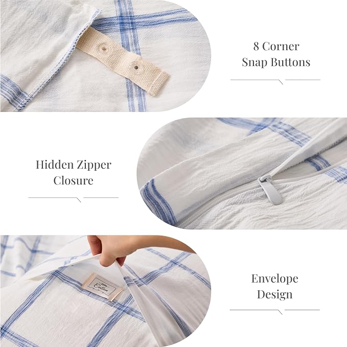 Blue Plaid Duvet Cover Queen Size, 100% Soft Washed Cotton Queen Duvet Cover - Image 5