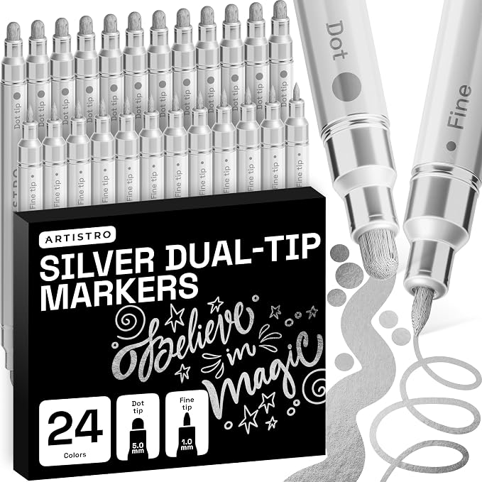ARTISTRO 24 Silver Dual-Tip Acrylic Paint Markers – Paint Pens Set by ARTISTRO