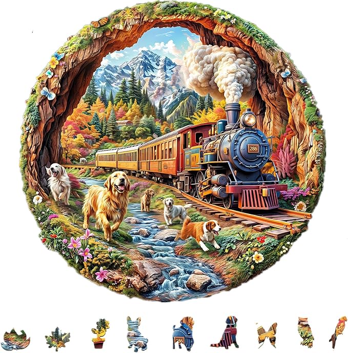 KAAYEE Wooden Puzzles for Adults, 3D Visual Effect Dogs Racing Against Trains by KAAYEEDirect