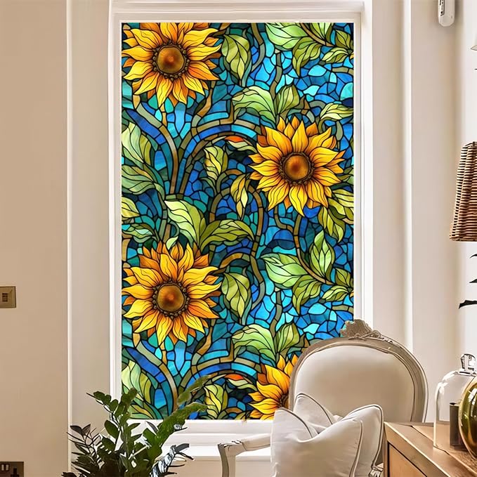Sunflower Stained Glass Window Film, Non Adhesive Privacy Film, Stained Glass - Image 8