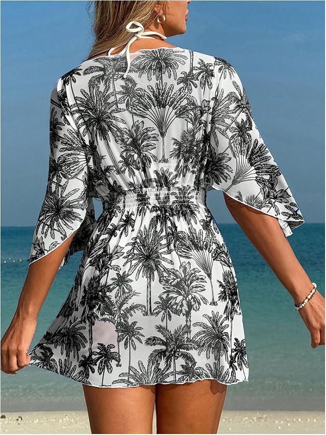 WDIRARA Women's Tie Dye Sheer Boho Chiffon Cover Up Tie Waist Beach Dress Deep - Image 2