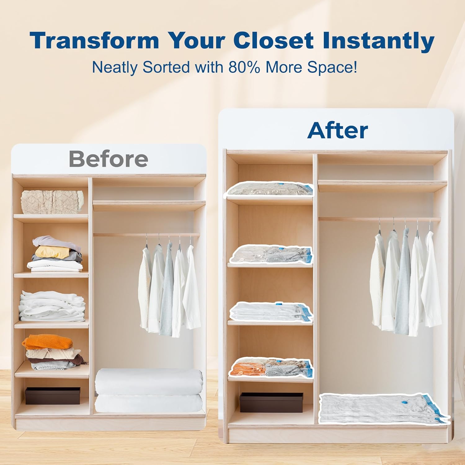 HOUSE DAY 18 Pack Vacuum Storage Bags with Electric Pump, Valve, Space Saver Vacuum Seal Bags for Clothing, Comforters, and Travel Essentials 3 Jumbo,3 Large,3 Medium,3 Small/3 Small,3 XS Roll Up Bag