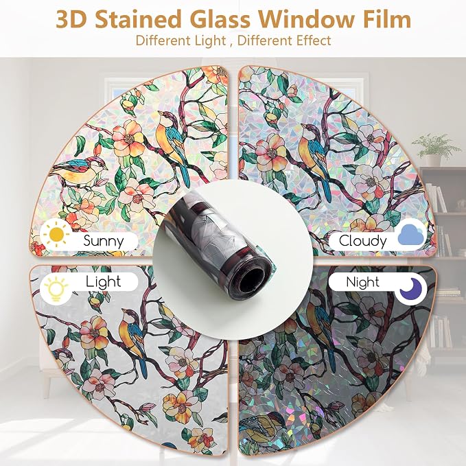 Kromapolis Window Privacy Film, Stained Glass Sticker Floral Window Clings - Image 3