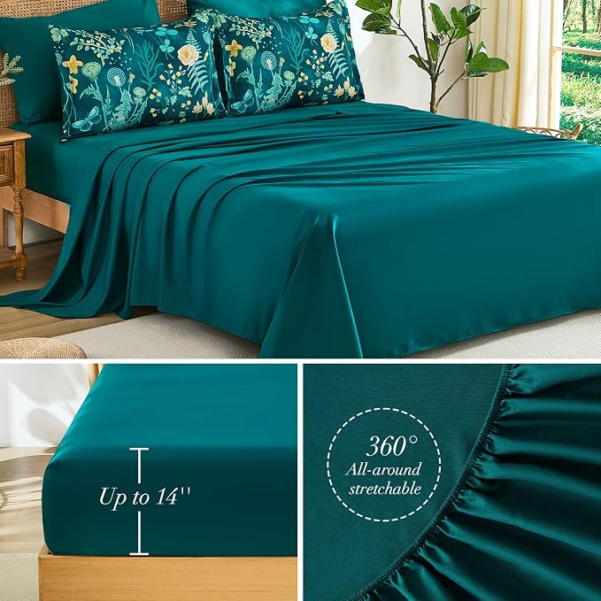 Yiran Queen Comforter Set 7 Piece, Teal Green Floral Bedding Set, Bed in a Bag - Image 5