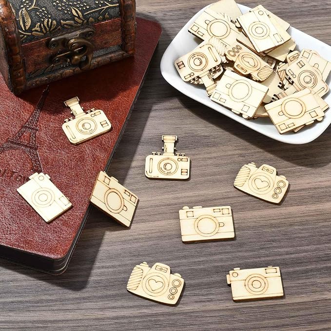 200 pcs Mixed Styles Camera Theme Unfinished Wooden Cutout Charms Travel - Image 5