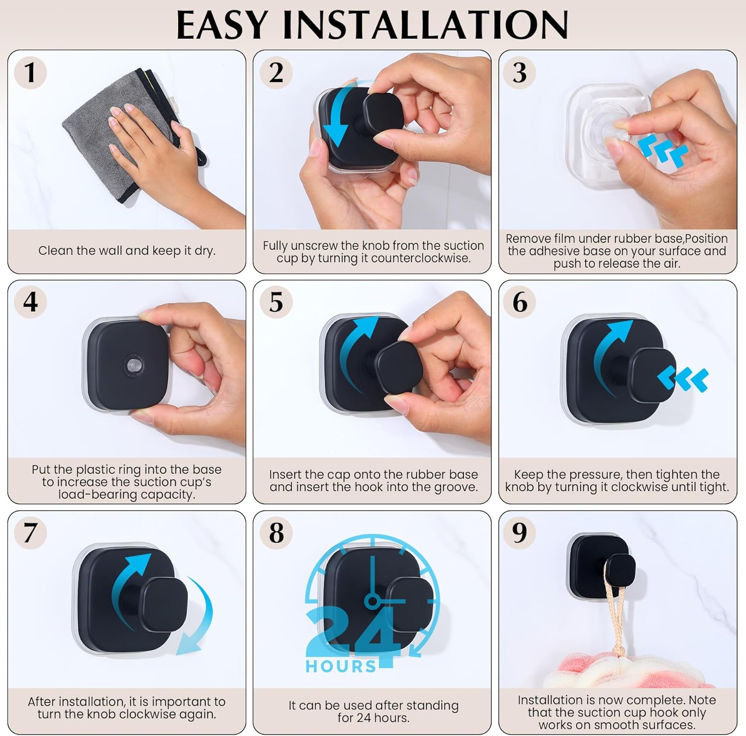 Suction Cup Hooks for Shower - Reusable No-Drill Mounting - Hooks for Towels, Robes & Loofah on Metal, Glass, Mirrors, Tile & Smooth Non-Porous Surfaces (2, Matte Black)