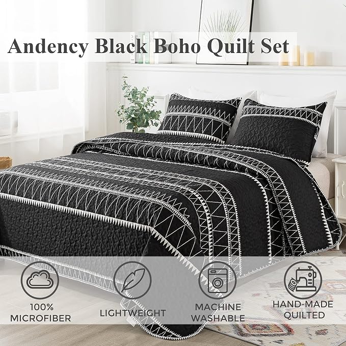 Andency Black California King Quilt Set, 3 Pieces Boho Lightweight Soft Striped - Image 2